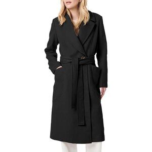 ✨Danedvi Collar Pea Coat Women Black Notch Long Sleeve Casual Overcoat with Belt